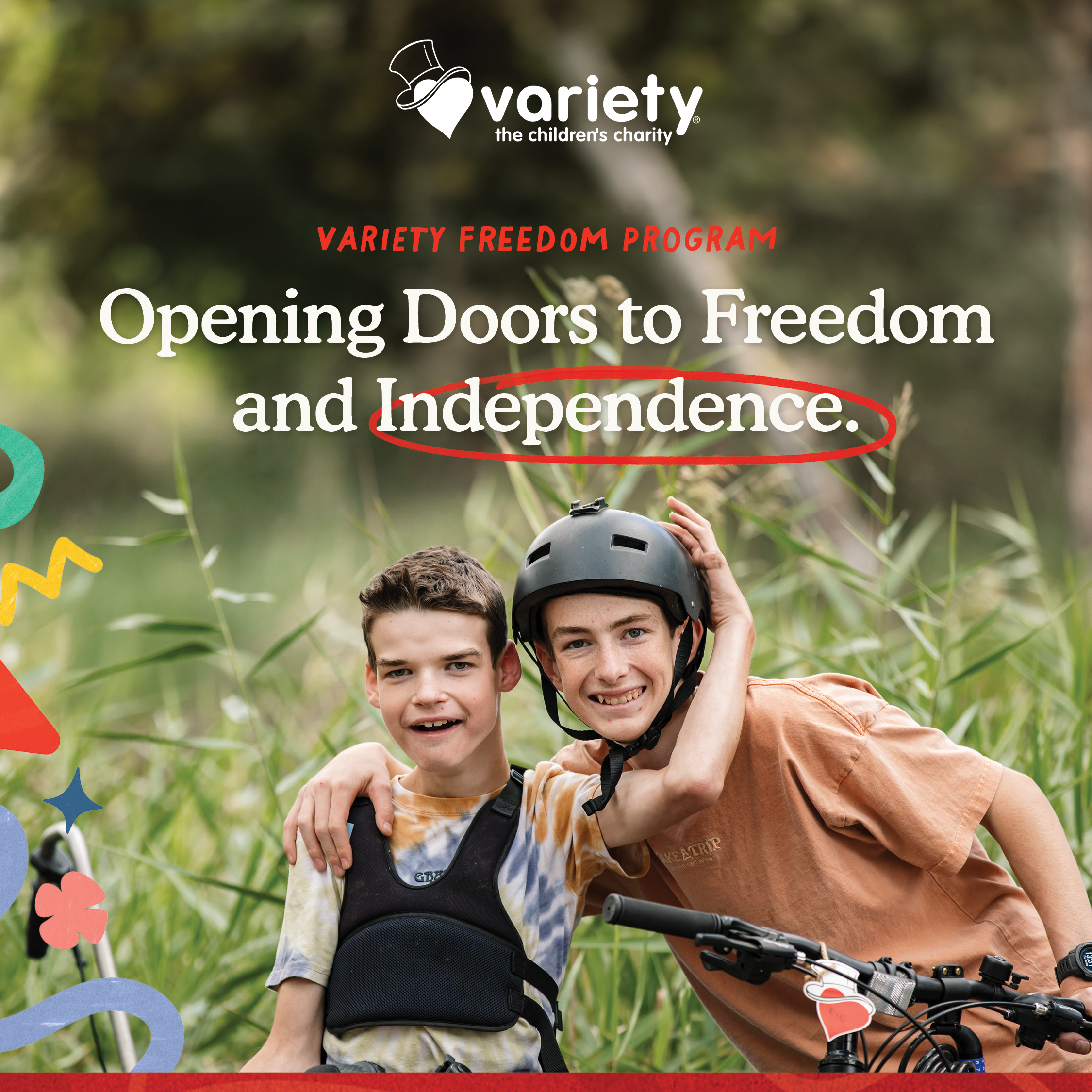 Variety social image, Variety Freedom program - Opening doors to freedom and independence featuring two boys riding specialised bikes.